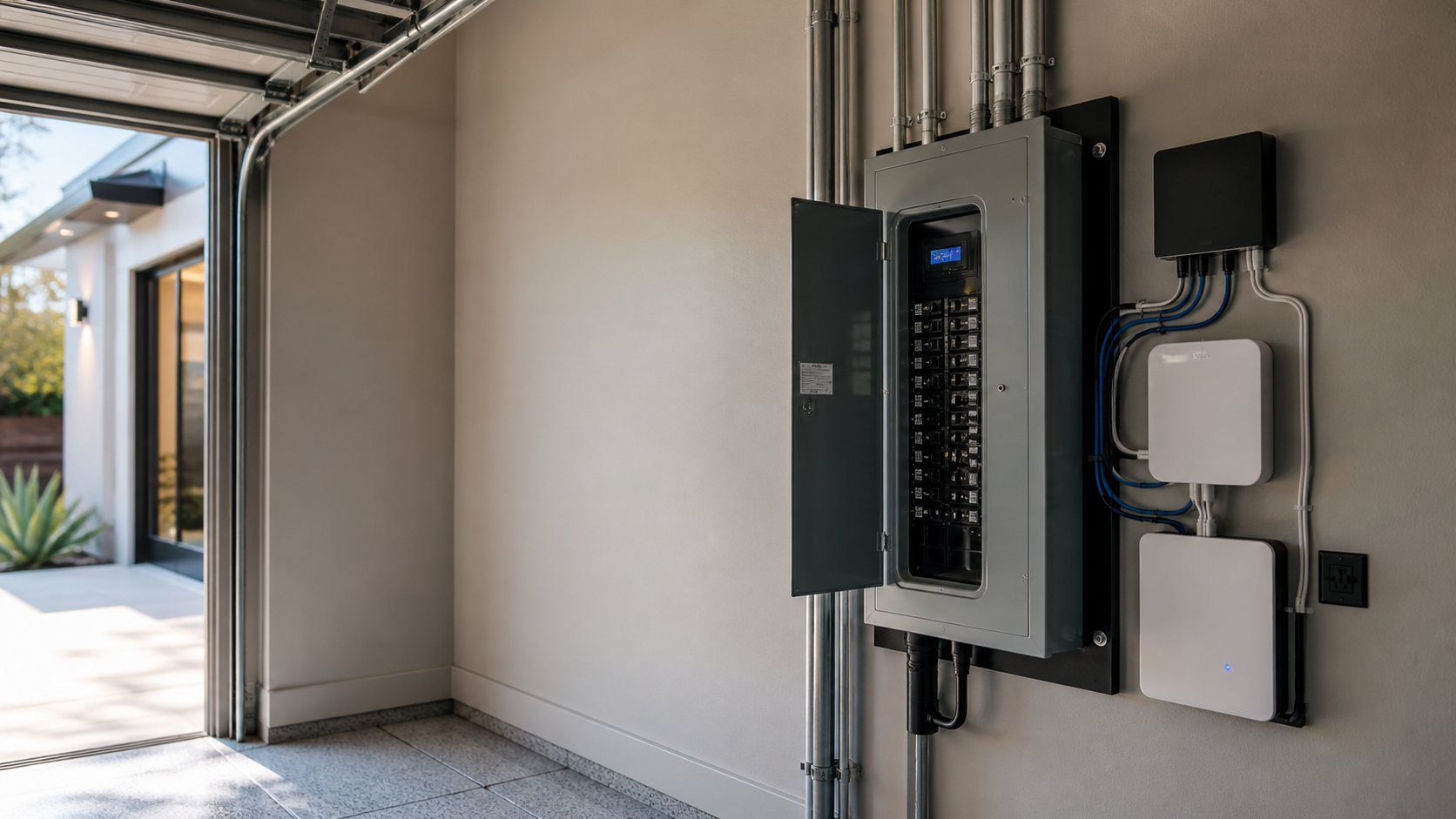 Clean residential electrical panel and smart-ready wiring in a modern Los Angeles garage