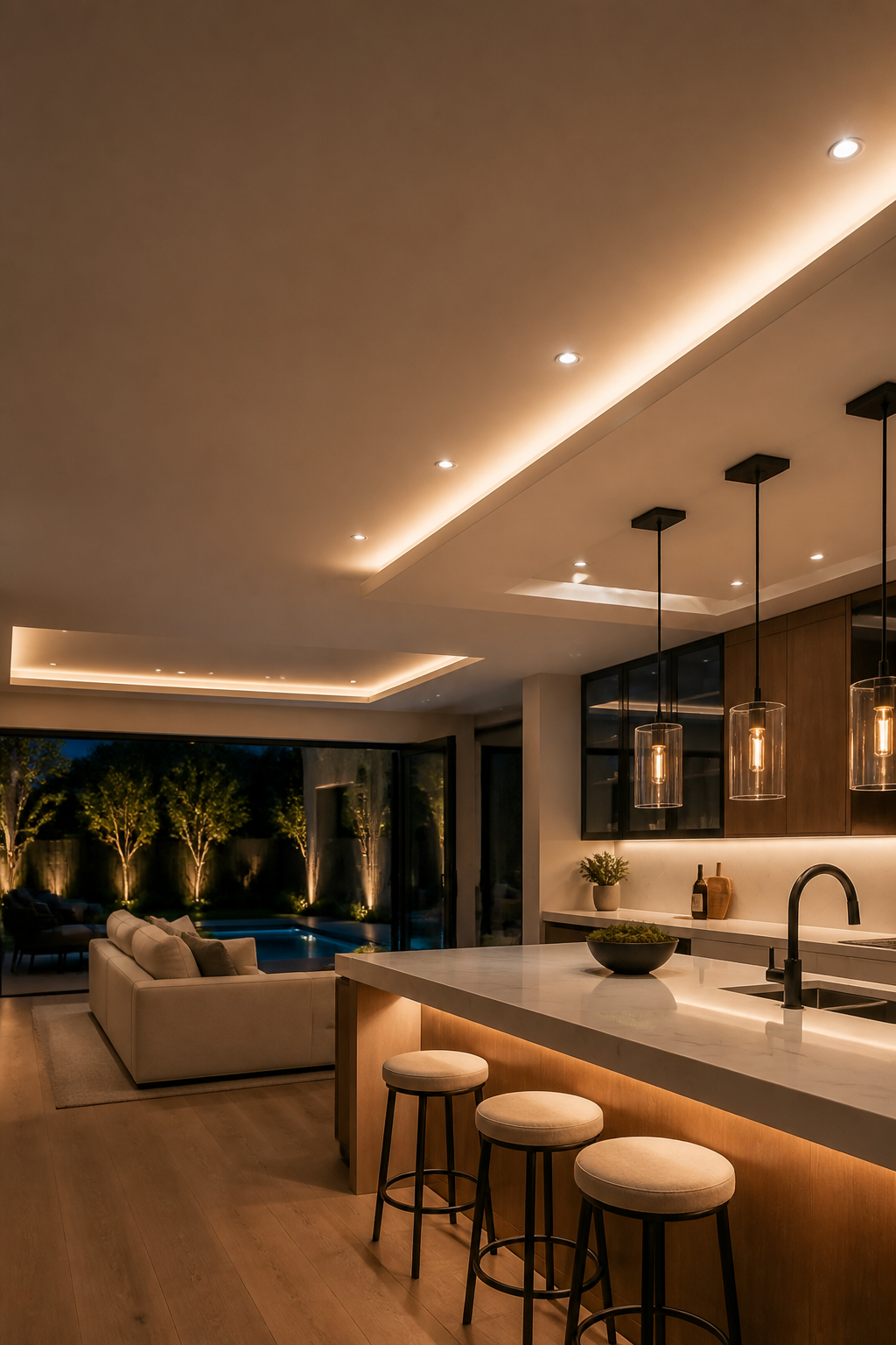 Modern kitchen and living area with layered warm lighting