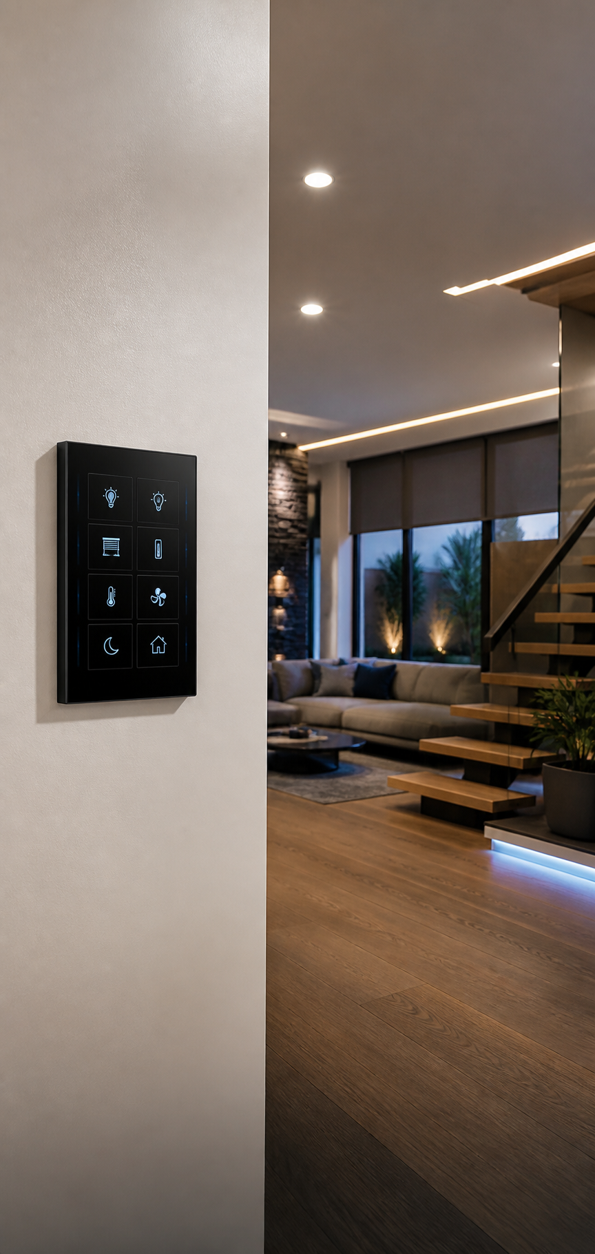 Modern living room with smart home control panel and layered lighting