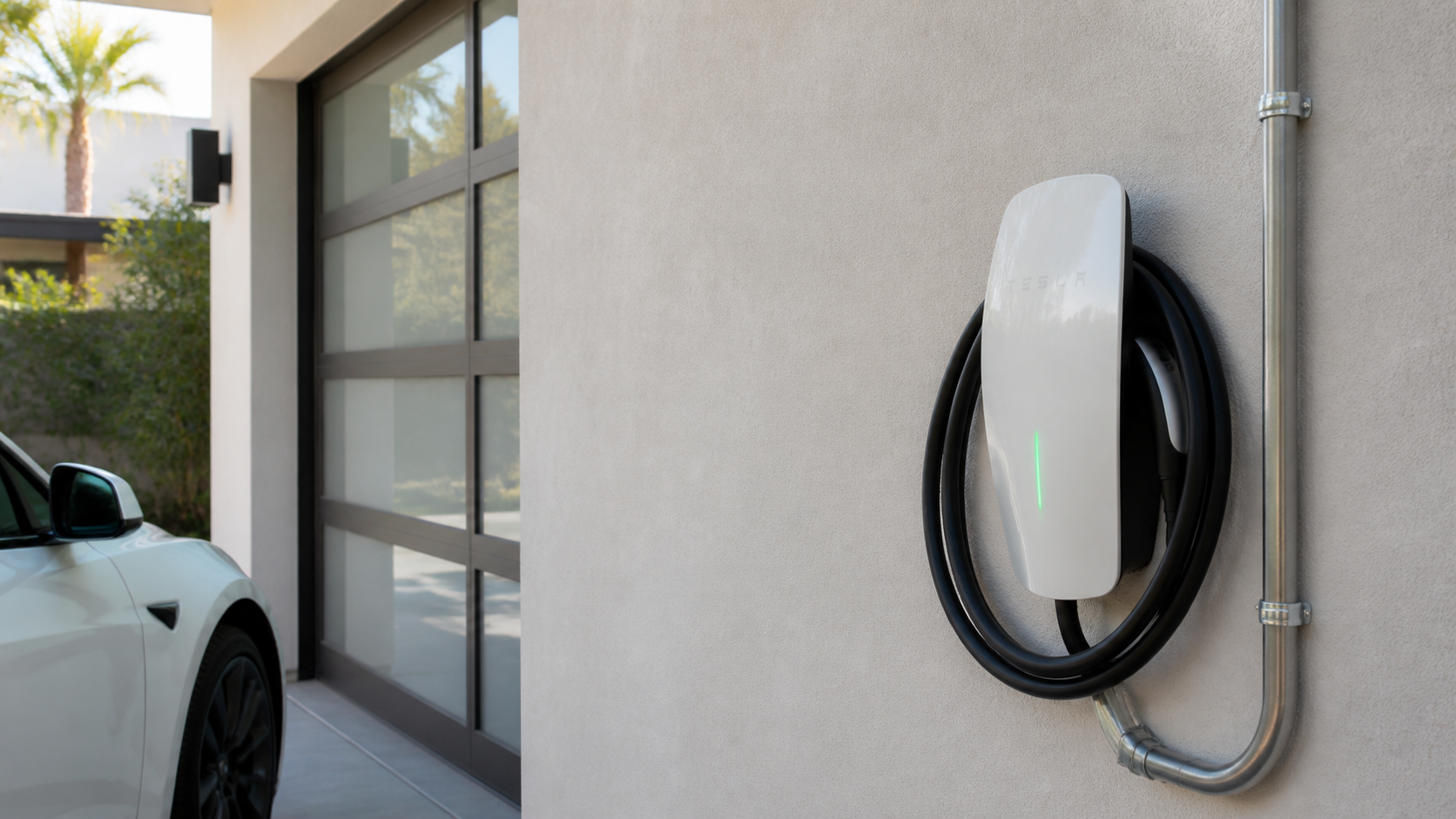 Finished EV charger installation with clean conduit routing in a garage