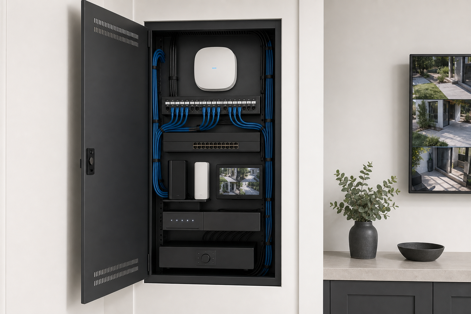 Clean structured low-voltage cabinet with tidy cabling, WiFi, and camera system planning